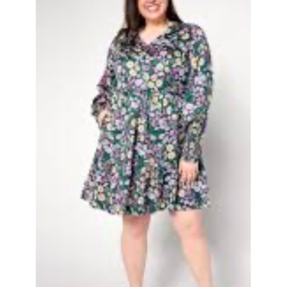 AnyBody Womens LP Black Floral Modal Tiered Long Sleeve V-Neck Dress Pockets